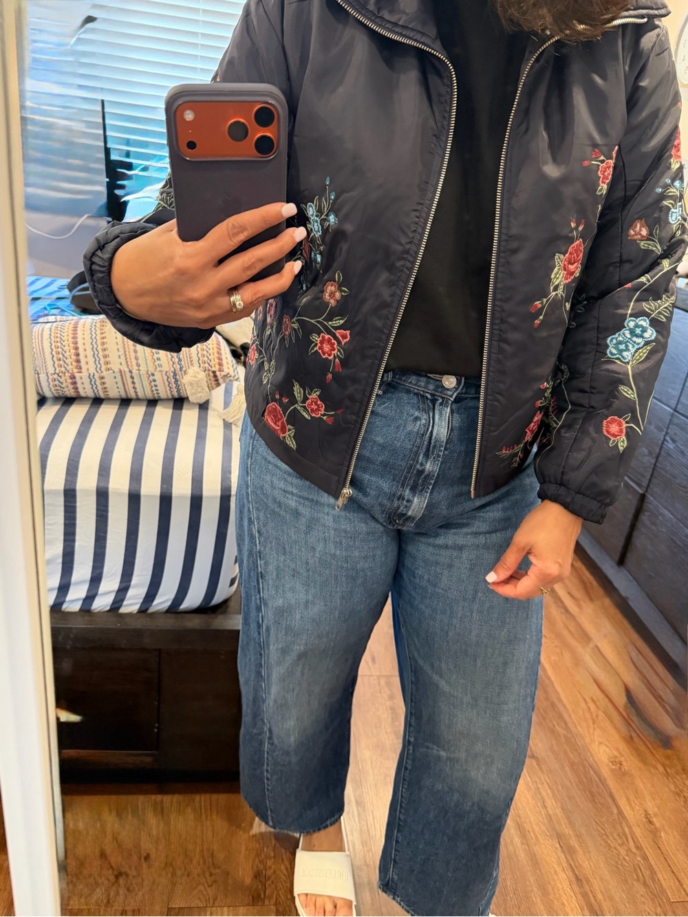 Floral Embroidered Blue Women's Bomber Jacket